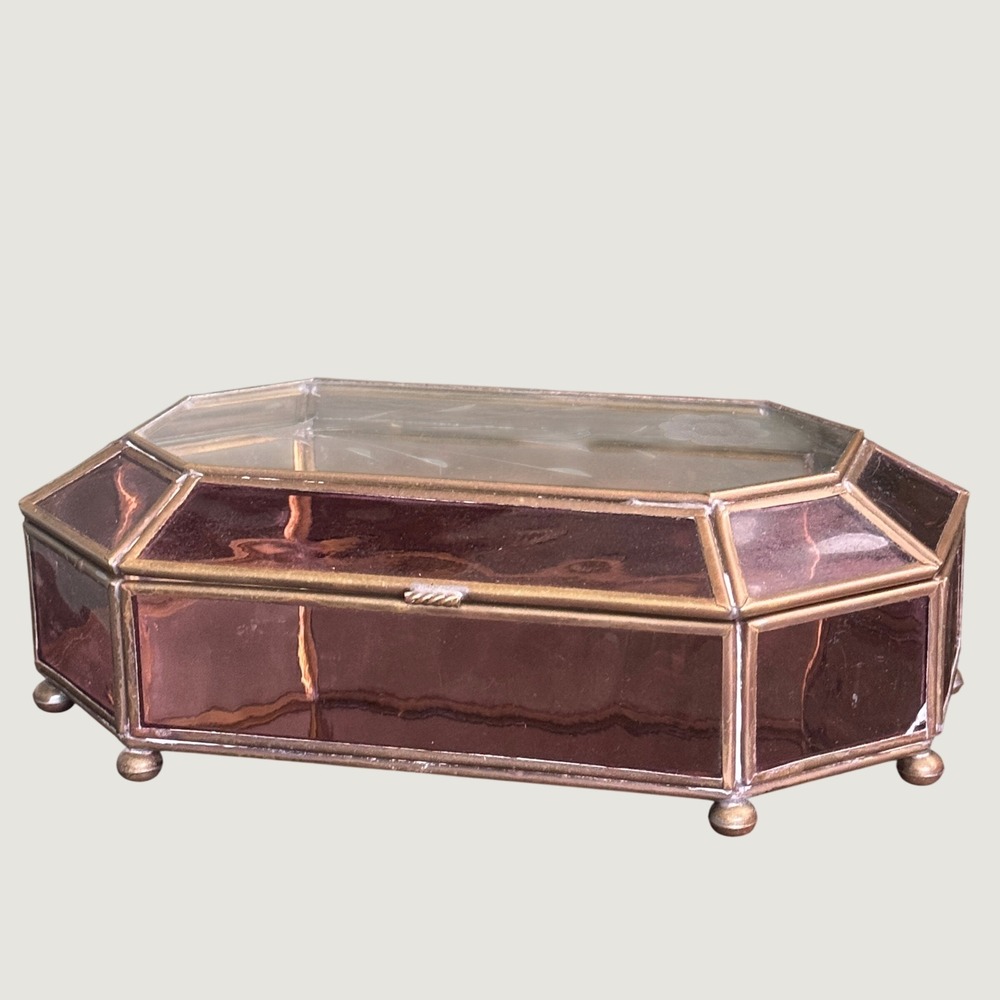 Vintage Purple Glass Jewelry Trinket Box Octagon Brass Etched Floral Lid